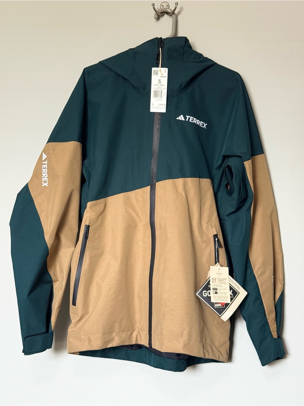 adidas Terrex Two-Tone Hooded Rain Jacket in Dark Green and Tan